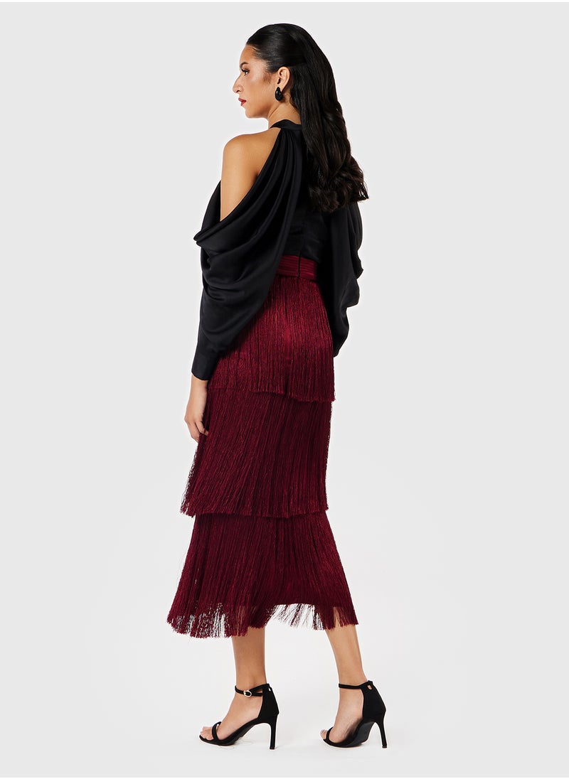 Threadz by Ajooni - Off Shoulder Fringe Skirt Dress - Image 1