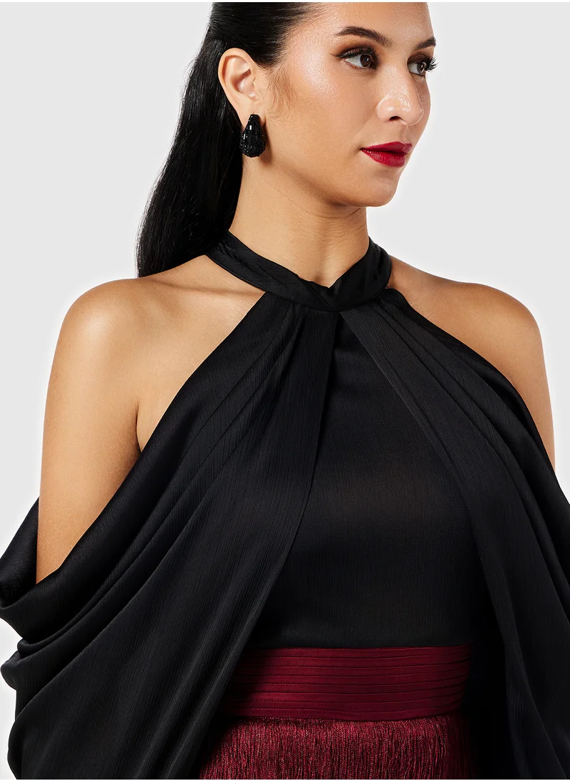 Threadz by Ajooni Off Shoulder Fringe Skirt Dress