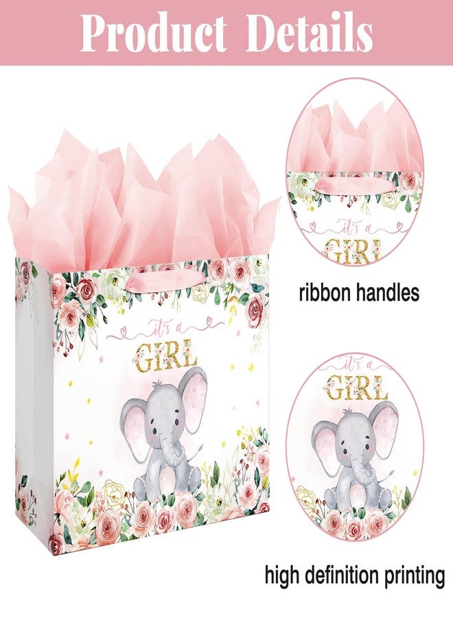 Laidans 13" Large Baby Shower Birthday Gift Bag for Girl with Tissue Papers and Card Pink Floral Elephant Design with Handles (Large Pink) - Image 4