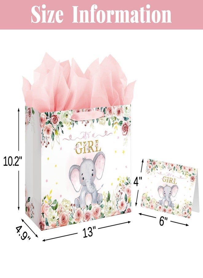 Laidans 13" Large Baby Shower Birthday Gift Bag for Girl with Tissue Papers and Card Pink Floral Elephant Design with Handles (Large Pink) - Image 2