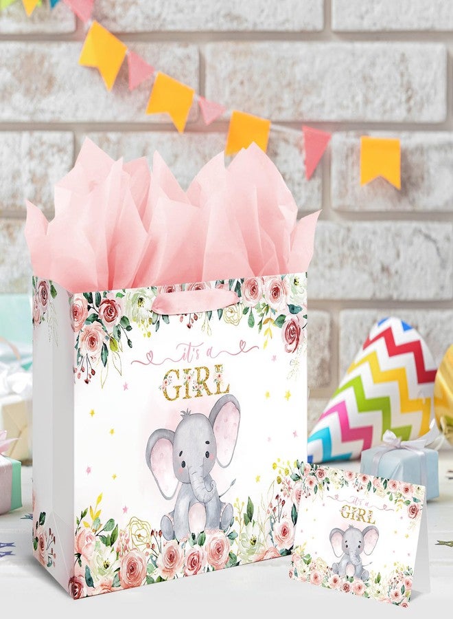 Laidans 13" Large Baby Shower Birthday Gift Bag for Girl with Tissue Papers and Card Pink Floral Elephant Design with Handles (Large Pink) - Image 5