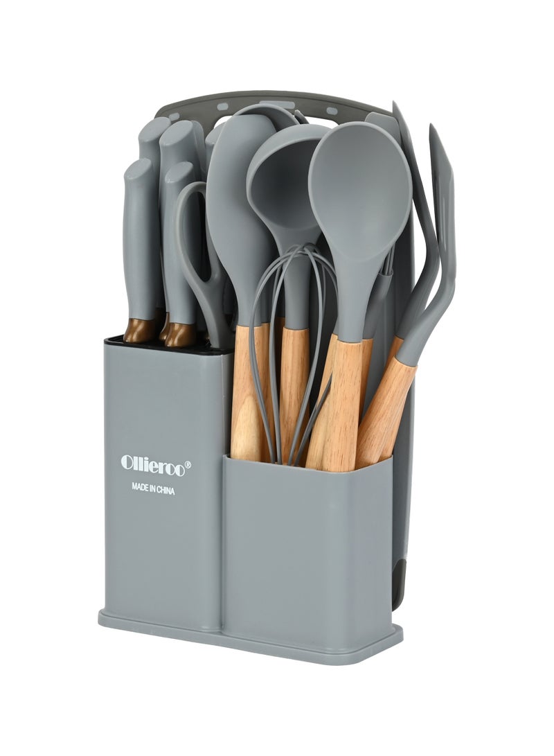 أولييرو طقم أدوات مطبخ من السيليكون مكون من 19 قطعة، مقاوم للحرارة، غير قابل للالتصاق، أداة طبخ بمقابض خشبية، مجموعة أواني طهي من السيليكون، خالية من مادة BPA، رمادي - Image 4
