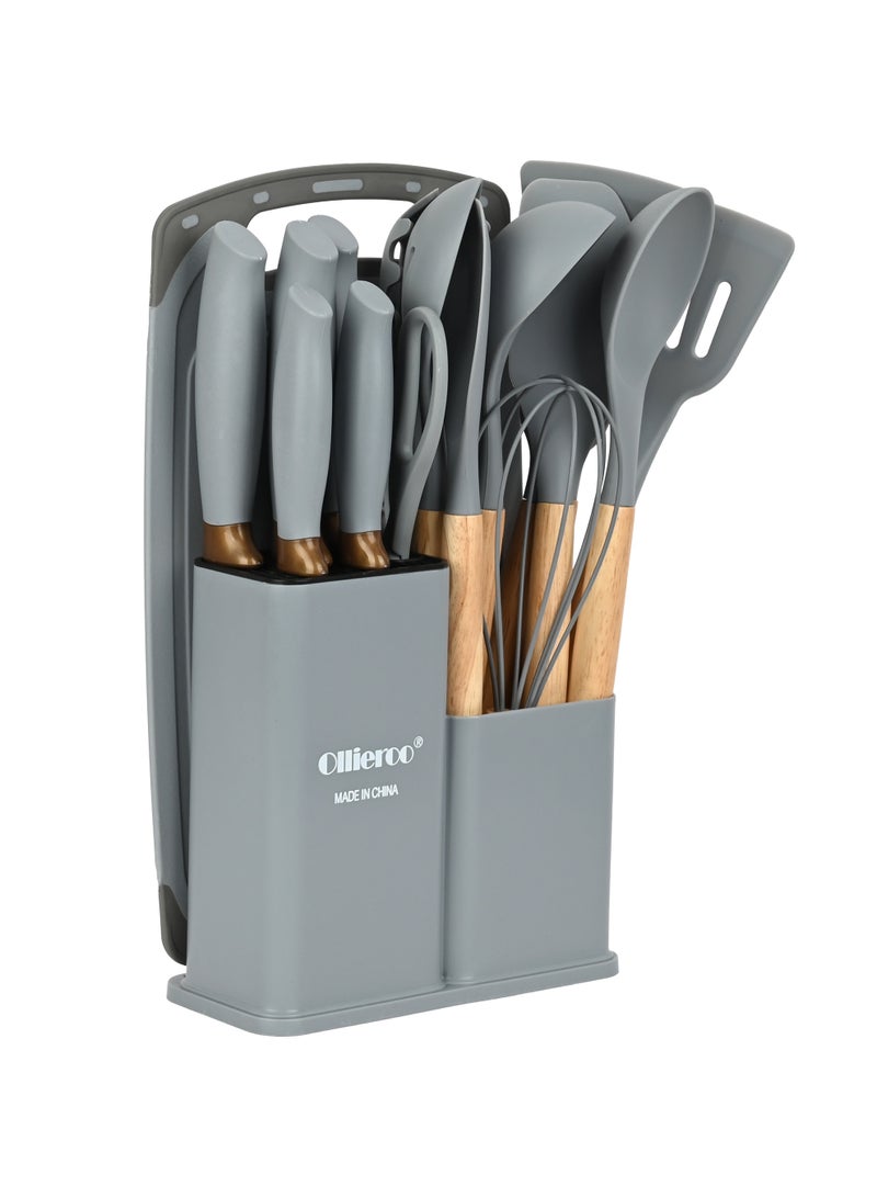 أولييرو طقم أدوات مطبخ من السيليكون مكون من 19 قطعة، مقاوم للحرارة، غير قابل للالتصاق، أداة طبخ بمقابض خشبية، مجموعة أواني طهي من السيليكون، خالية من مادة BPA، رمادي - Image 5