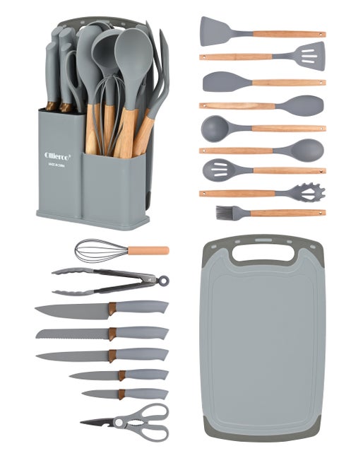 19 Pieces Silicone Kitchenware Utensil Set, Heat Resistant, Non stick, Cooking Tool with Wooden Handles, Silicone Cookware Set, BPA Free, Grey