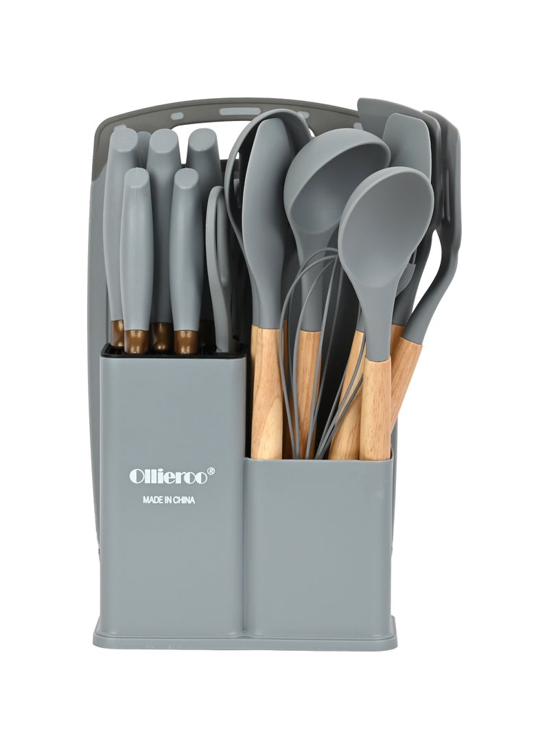 أولييرو طقم أدوات مطبخ من السيليكون مكون من 19 قطعة، مقاوم للحرارة، غير قابل للالتصاق، أداة طبخ بمقابض خشبية، مجموعة أواني طهي من السيليكون، خالية من مادة BPA، رمادي - Image 2