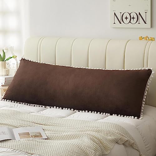 CottonFry Ultra Soft Velvet Body Solid Pillow Cover/Case Pillowcase with Hidden Zipper, Zippered Body Pillow Case, 1 Pieces (Brown with Pompom, 20x54), 250 TC - Image 1