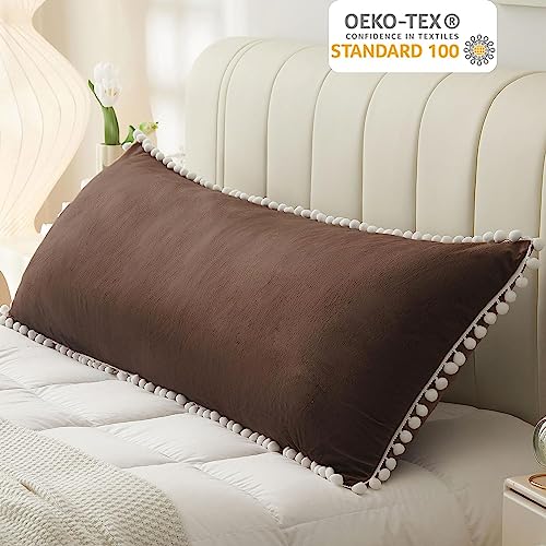 CottonFry Ultra Soft Velvet Body Solid Pillow Cover/Case Pillowcase with Hidden Zipper, Zippered Body Pillow Case, 1 Pieces (Brown with Pompom, 20x54), 250 TC - Image 3