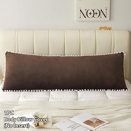 CottonFry Ultra Soft Velvet Body Solid Pillow Cover/Case Pillowcase with Hidden Zipper, Zippered Body Pillow Case, 1 Pieces (Brown with Pompom, 20x54), 250 TC - Image 2