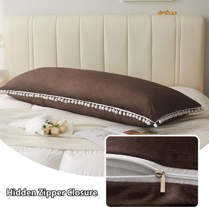CottonFry Ultra Soft Velvet Body Solid Pillow Cover/Case Pillowcase with Hidden Zipper, Zippered Body Pillow Case, 1 Pieces (Brown with Pompom, 20x54), 250 TC - Image 5