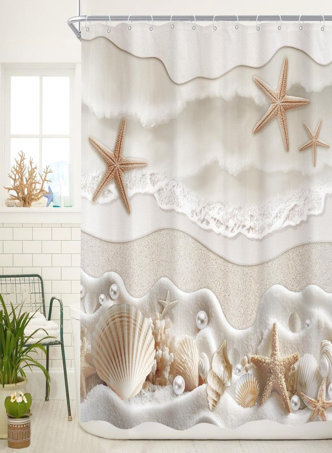Cinbloo Starfish Beach Coastal 72Wx72H Shower Curtain Beige White Ocean Seashells Conch Pearl Coral Seacoast Sand Sea Waves Bathroom Curtain Set Summer Scenry Modern Bath Bathroom Accessories Decor - Image 1