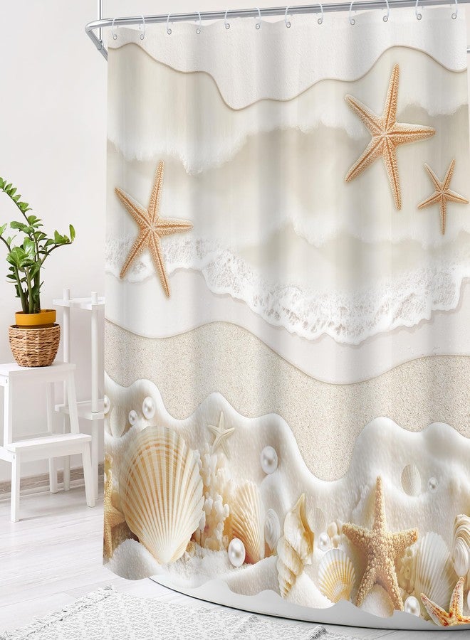 Cinbloo Starfish Beach Coastal 72Wx72H Shower Curtain Beige White Ocean Seashells Conch Pearl Coral Seacoast Sand Sea Waves Bathroom Curtain Set Summer Scenry Modern Bath Bathroom Accessories Decor - Image 3