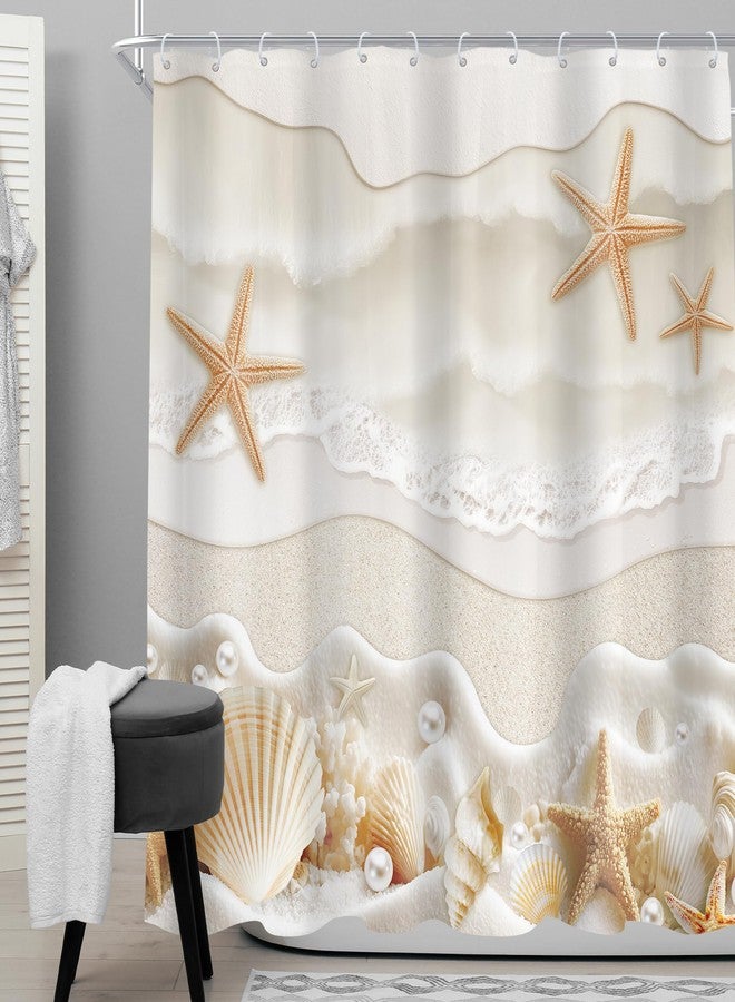 Cinbloo Starfish Beach Coastal 72Wx72H Shower Curtain Beige White Ocean Seashells Conch Pearl Coral Seacoast Sand Sea Waves Bathroom Curtain Set Summer Scenry Modern Bath Bathroom Accessories Decor - Image 2