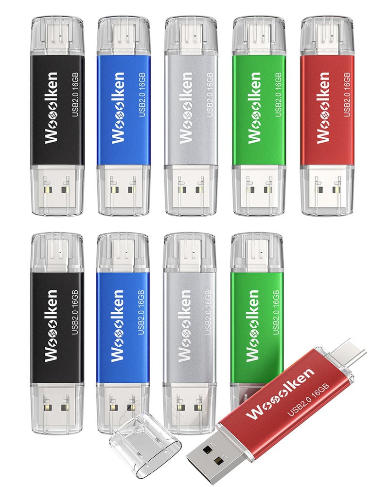 Wooolken USB C Flash Drive 16GB 10 Pack, Wooolken Type-C Flash Drive + USB 2.0 Thumb Drive OTG Memory Stick Compatible with iPhone 16/15, Android Smartphone/Tablets/Computers - Image 1