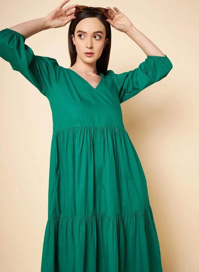 HIGH STAR green Tiered Cotton Dress for Women | Best Price UAE