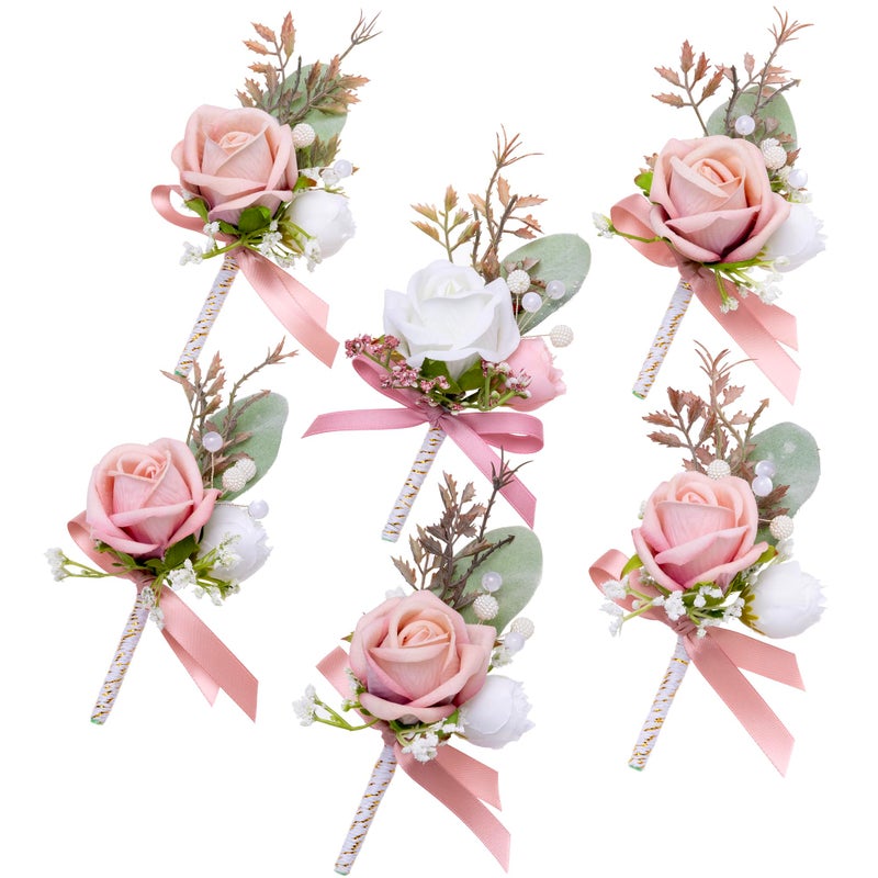 Fnize Pink Boutonniere for Men 6 Pcs Groom Groomsmen Boutonnieres Artificial Flowers for Wedding Prom Homecoming