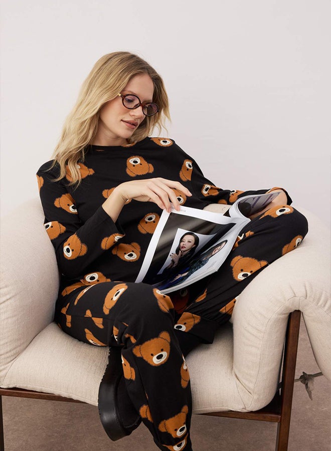 trendyol Black 100% Cotton Teddy Bear Knitted Pajama Set - Image 2