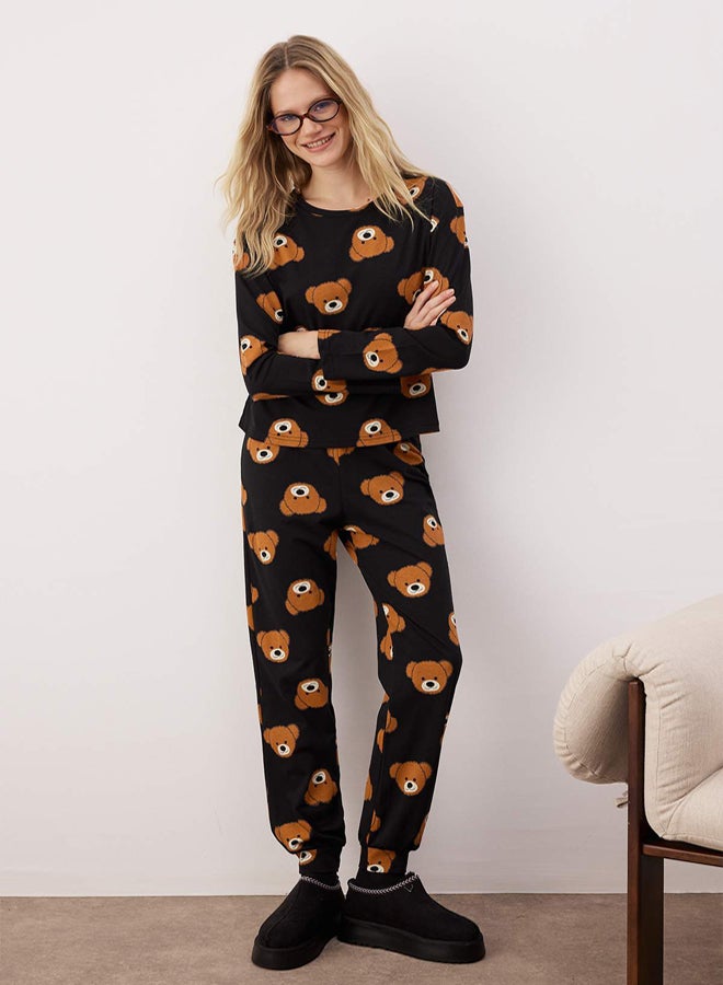 trendyol Black 100% Cotton Teddy Bear Knitted Pajama Set - Image 1