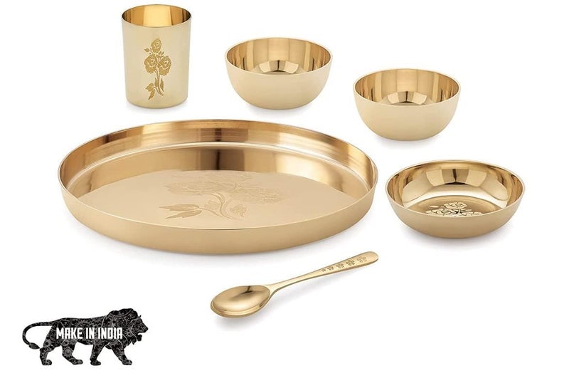RJ kitchenware Store Kansa/Bronze Finish Bhojan/Dinner/Thali Set,6 Pieces 11 Inch - Image 2