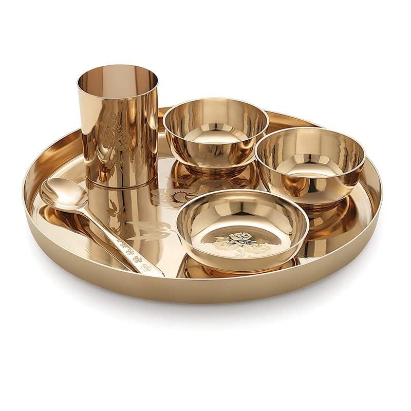 RJ kitchenware Store Kansa/Bronze Finish Bhojan/Dinner/Thali Set,6 Pieces 11 Inch - Image 1