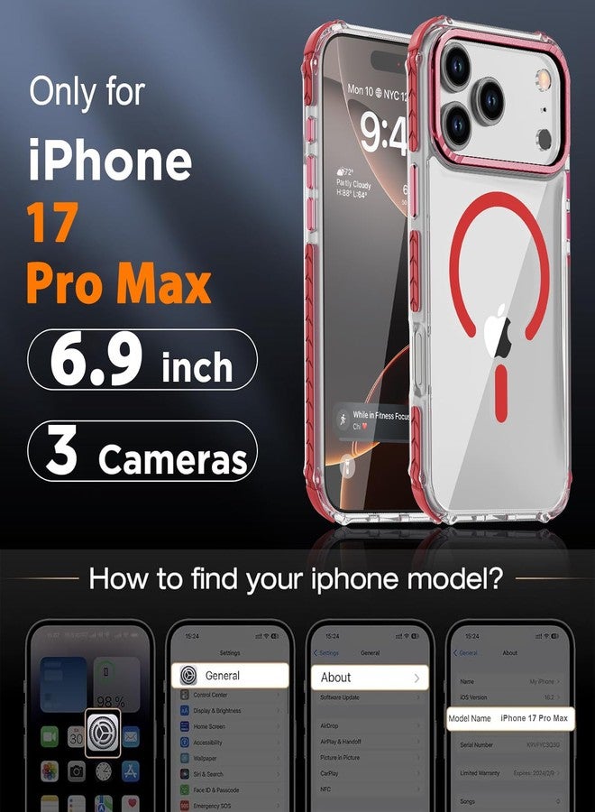 DEERLAMN جراب مغناطيسي قوي من DEERLAMN لهاتف iPhone 17 Pro Max مقاس 6.9 بوصة، [متوافق مع Magsafe] غطاء حماية شفاف رفيع مقاوم للصدمات للهاتف للرجال والنساء - أحمر شفاف - Image 2