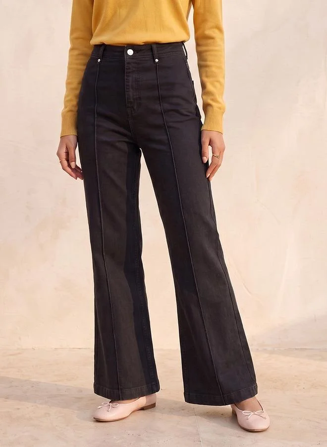 Denim Wide Leg Buttoned Waist Pants