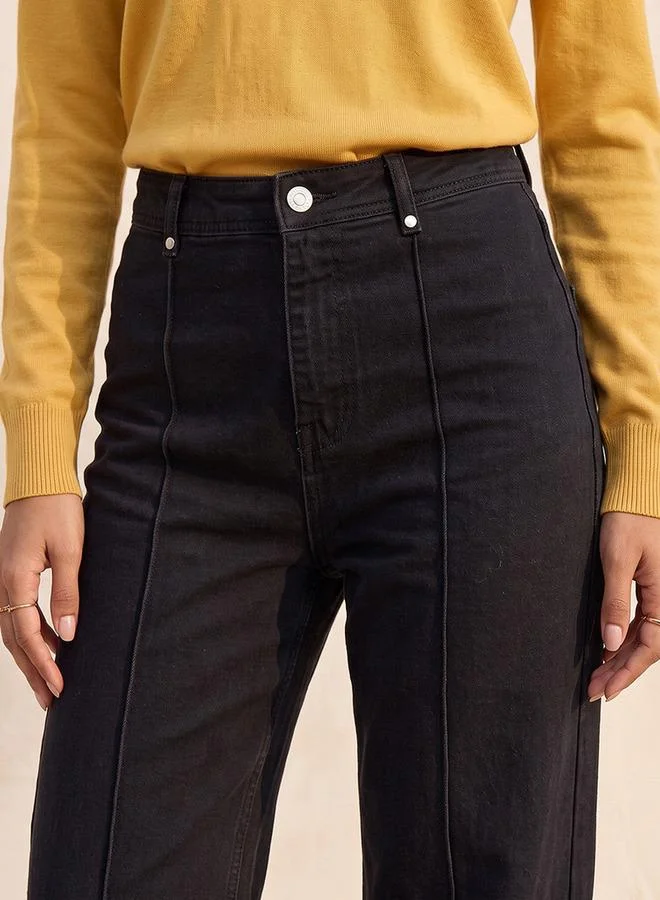 Splash FAV BLACK Denim Wide Leg Buttoned Waist Pants for Women | Best Price UAE