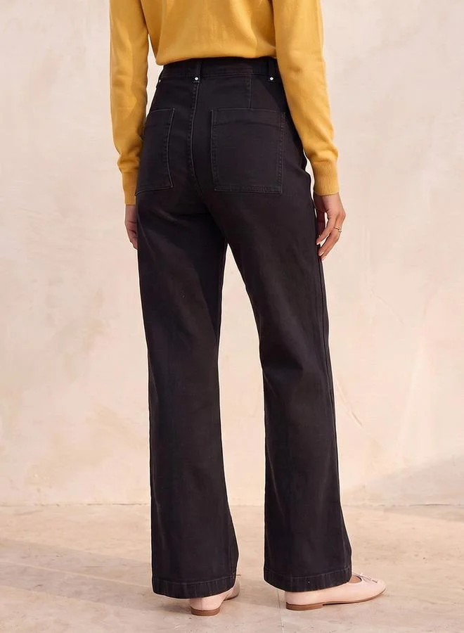 Splash FAV BLACK Denim Wide Leg Buttoned Waist Pants for Women | Best Price UAE