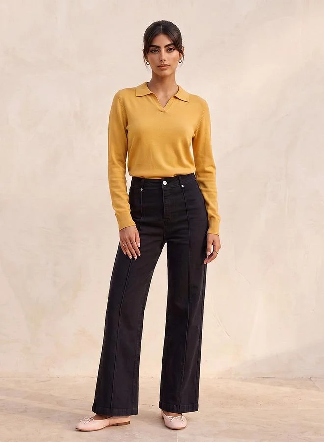 Splash FAV BLACK Denim Wide Leg Buttoned Waist Pants for Women | Best Price UAE