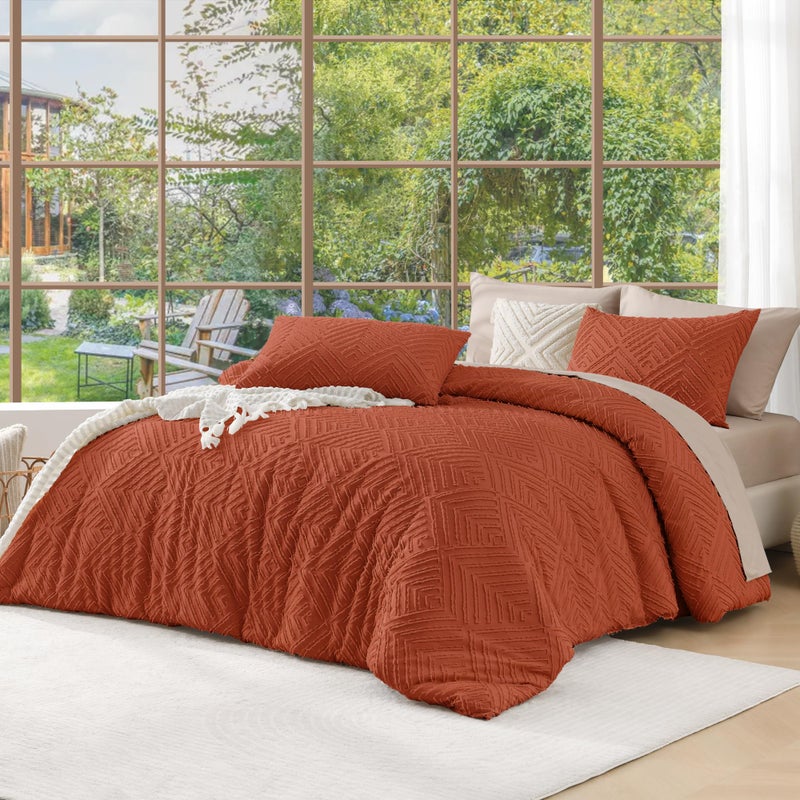 Andency Burnt Orange Queen Size Comforter Terracotta Boho Fall Lightweight Fluffy Bedding Set Collections for Queen Bed 3 Pieces Rust Tufted Design Bed Set 90x90Inches 2 Pillow Shams