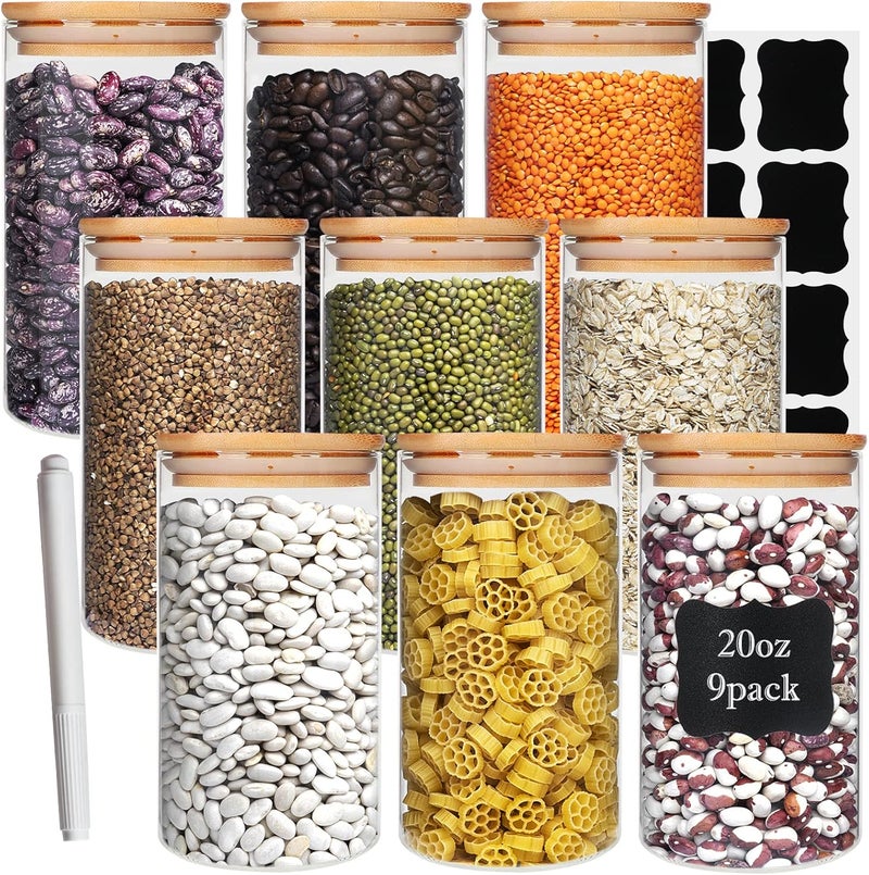 DHSBTLS Glass Food Storage Containers Jars with Airtight Bamboo Lid 20oz 9 Pieces, 590ml Pantry Organization with Lid - Image 1