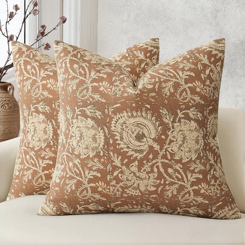 DKwizme Vintage Floral Print Throw Pillow Covers 26x26 Set of 2 Neutral Modern Farmhouse Accent Decorative Cushion Covers Boho Home Decor for Couch Sofa Chair Bed Living Room, Cognac - Image 1