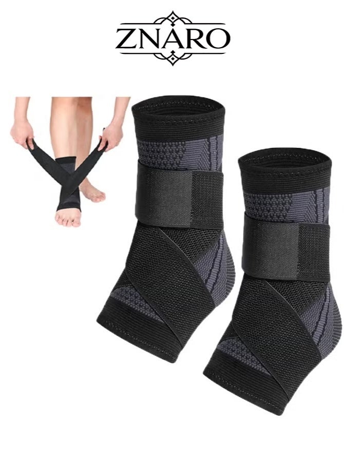 ZNARO 2 Pieces Adjustable Compression Ankle Support Brace, Ankle Protector for Running Sports Football Basketball - Image 1