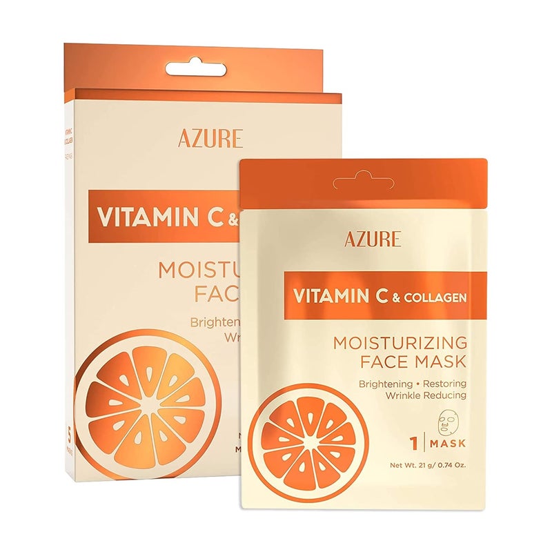 Azure Cosmetics Vitamin C & Collagen Moisturizing Facial Sheet Mask- Anti Aging, Deeply Moisturizing & Firming - Improves Elasticity - Skin Care Made in Korea - Pack of 5