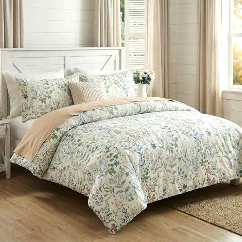Cozaline Duvet Cover Queen Size 100 Cotton Comforter Cover Green Floral Breathable Duvet Cover with Zipper Closure Corner Ties 3 Pcs Green Fragrant Grass Duvet Cover Set - Image 3
