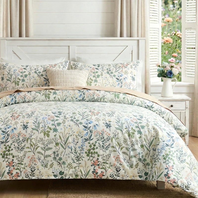 Cozaline Duvet Cover Queen Size 100 Cotton Comforter Cover Green Floral Breathable Duvet Cover with Zipper Closure Corner Ties 3 Pcs Green Fragrant Grass Duvet Cover Set - Image 2