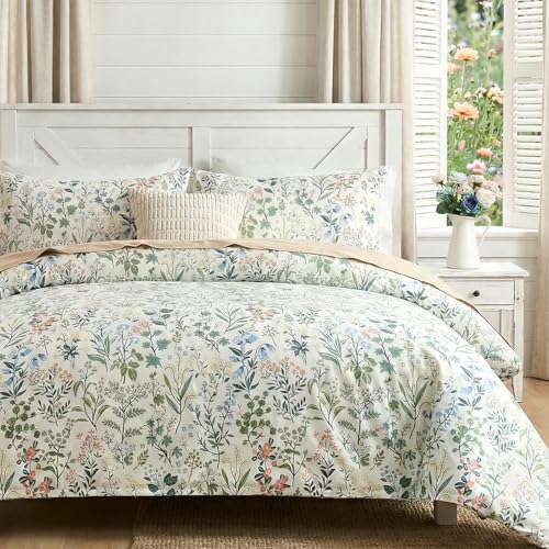 Cozaline Duvet Cover Queen Size 100 Cotton Comforter Cover Green Floral Breathable Duvet Cover with Zipper Closure Corner Ties 3 Pcs Green Fragrant Grass Duvet Cover Set - Image 1