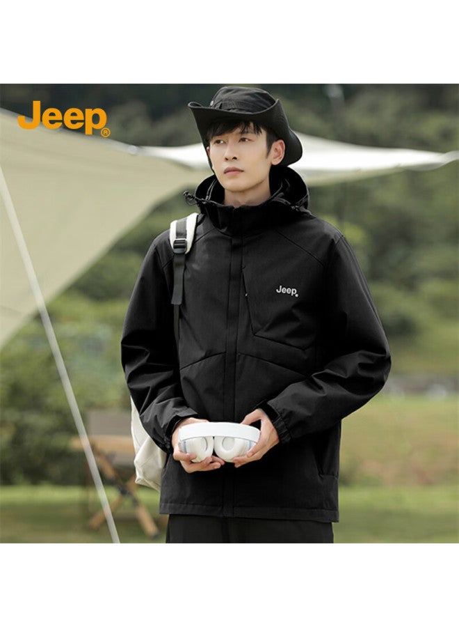 Jeep Jeep Men's Jacket, Simple Loose Fit, Hooded Sports Outdoor Coat, Men's Outerwear 075, Black, M  - Image 1