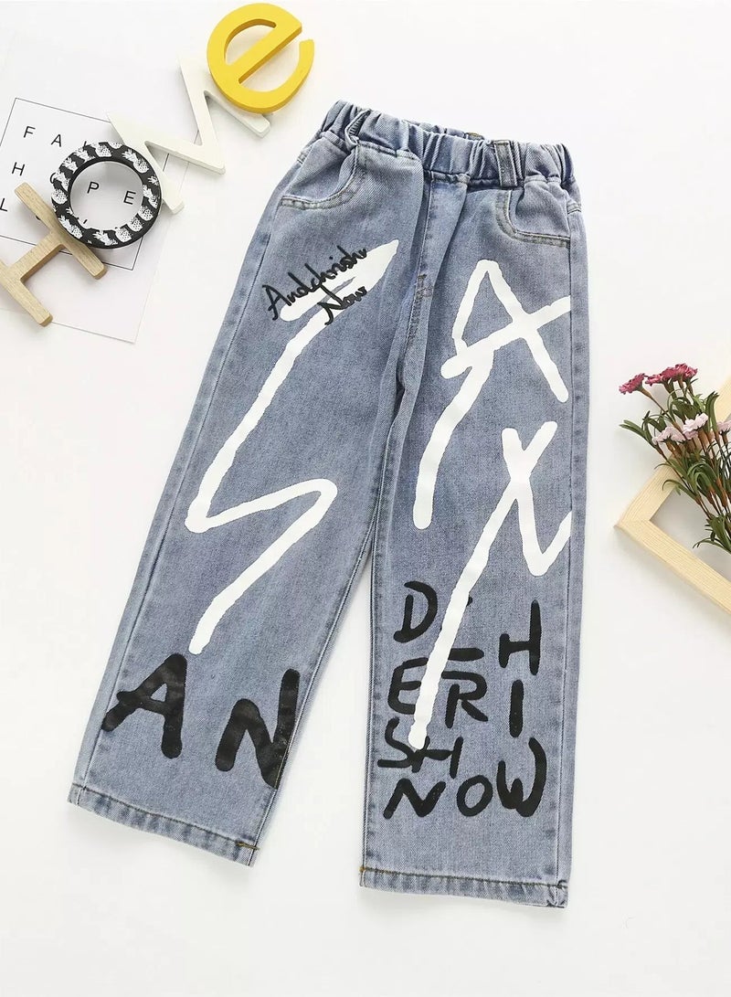 Girls Letter Graphic Wide Leg Jeans  - Image 1