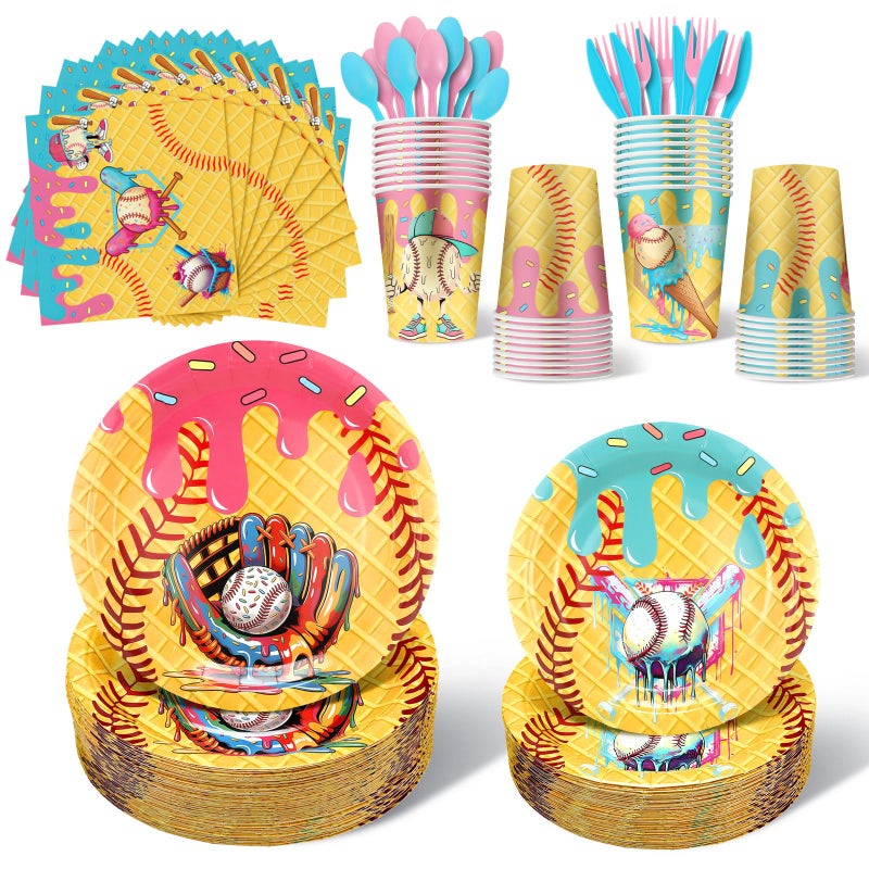FoldTier 350 Pcs Ice Cream Drip Baseball Birthday Party Decorations Set Ice Cream Paper Plates Napkins Fork Set Disposable Fairy Tableware Decorations Supplies for Baby Shower Dinner Serves 50 - Image 1