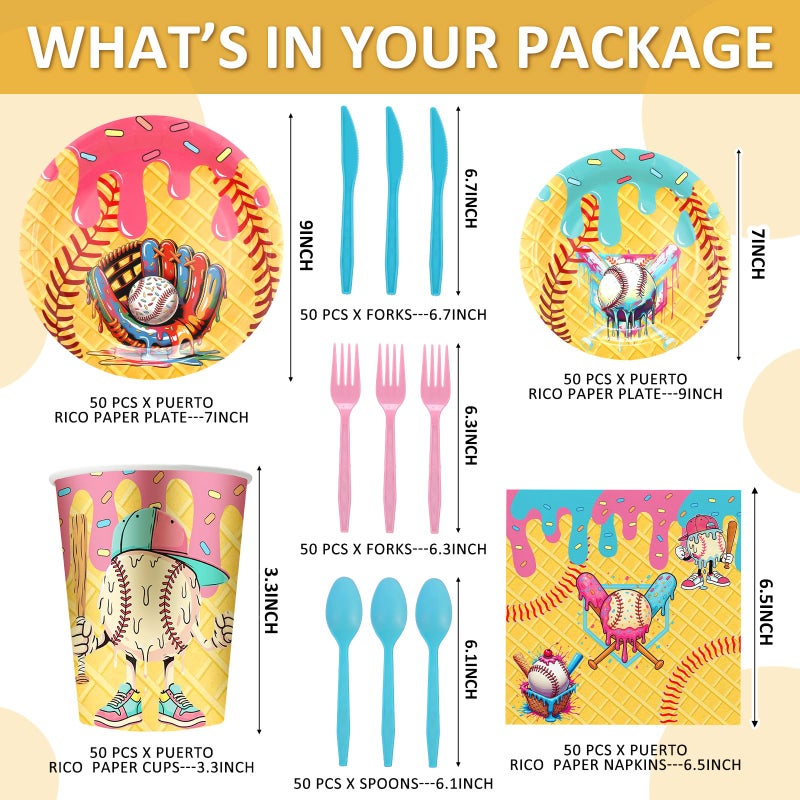 FoldTier 350 Pcs Ice Cream Drip Baseball Birthday Party Decorations Set Ice Cream Paper Plates Napkins Fork Set Disposable Fairy Tableware Decorations Supplies for Baby Shower Dinner Serves 50 - Image 4