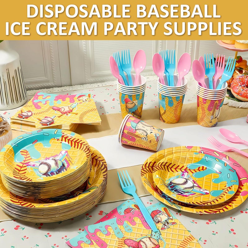 FoldTier 350 Pcs Ice Cream Drip Baseball Birthday Party Decorations Set Ice Cream Paper Plates Napkins Fork Set Disposable Fairy Tableware Decorations Supplies for Baby Shower Dinner Serves 50 - Image 2