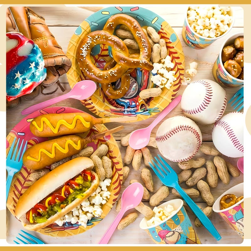 FoldTier 350 Pcs Ice Cream Drip Baseball Birthday Party Decorations Set Ice Cream Paper Plates Napkins Fork Set Disposable Fairy Tableware Decorations Supplies for Baby Shower Dinner Serves 50 - Image 3
