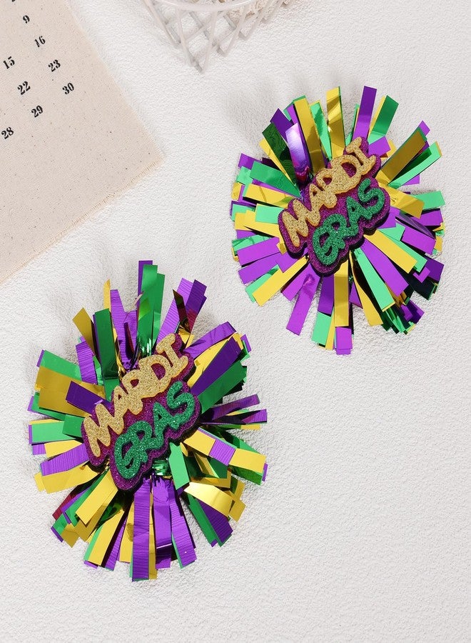 KCHIES Happy Mardi Gras Hair Bows Glitter Metallic Green Gold Purple Pom Pom Cheer Barrettes Hairpins Fat Tuesday Parade Costume Outfit Decor Accessories Gift for Women Girls Kids - Image 2