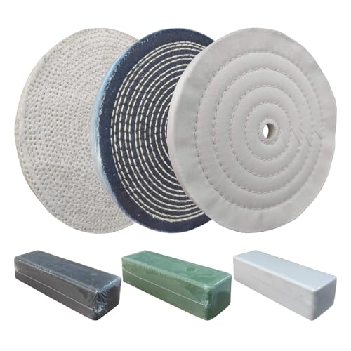 Jufay 6PC 8 Inch Stainless Steel Polishing Buffing Wheel Kit for Bench Grinder,kit with Each 1PC 5/8 Inch Arbor Hole Sisal/Denim/Cotton Wheel and Each 1PC 100g Bar Black/Green/White Polishing Compound - Image 1