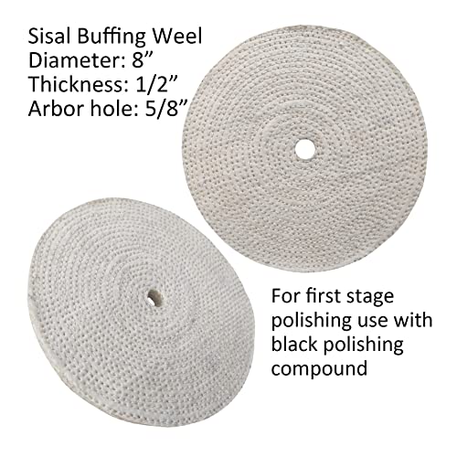 Jufay 6PC 8 Inch Stainless Steel Polishing Buffing Wheel Kit for Bench Grinder,kit with Each 1PC 5/8 Inch Arbor Hole Sisal/Denim/Cotton Wheel and Each 1PC 100g Bar Black/Green/White Polishing Compound - Image 2