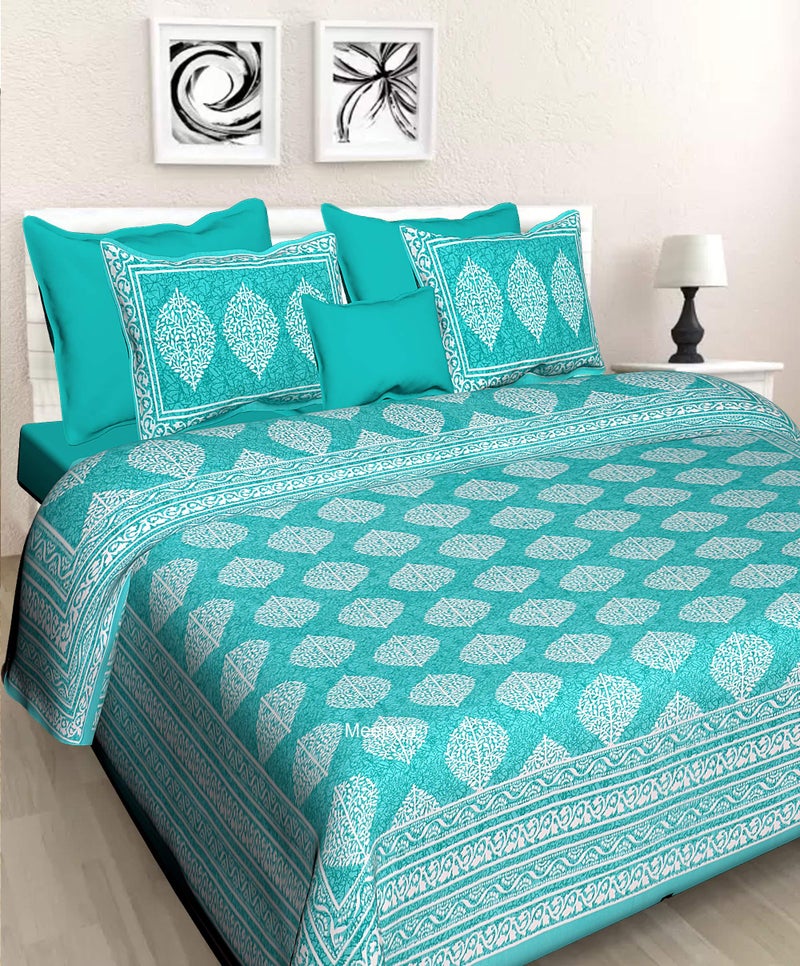 Meejoya 100% Cotton Rajasthani Jaipuri Traditional Double Bed Bedsheet with 2 Pillow Covers - Sea-Green, Queen Size - Image 5