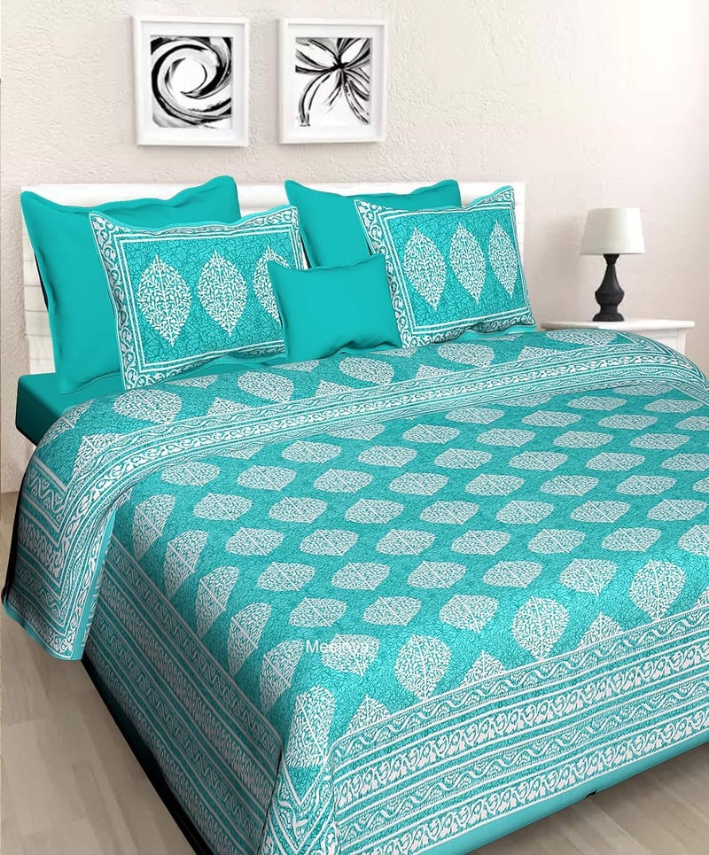 Meejoya 100% Cotton Rajasthani Jaipuri Traditional Double Bed Bedsheet with 2 Pillow Covers - Sea-Green, Queen Size - Image 2