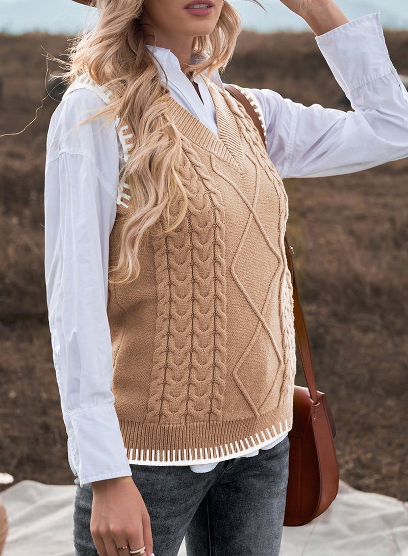 EVALESS Sweater Vest Women Oversized Fashion V Neck Sleeveless Cable Knit Sweaters Casual Color Block Sweater Tank Top Khaki X-Large - Image 5
