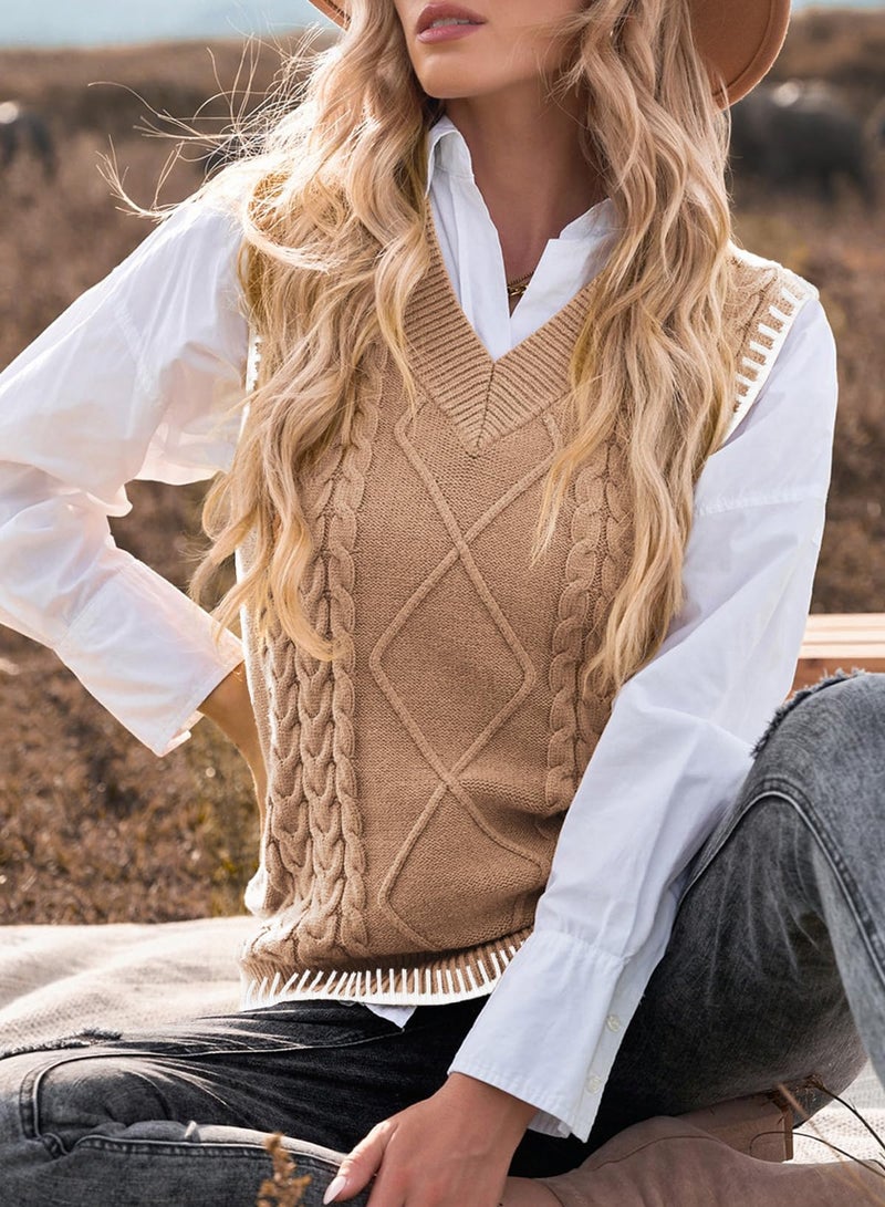 EVALESS Sweater Vest Women Oversized Fashion V Neck Sleeveless Cable Knit Sweaters Casual Color Block Sweater Tank Top Khaki X-Large - Image 3