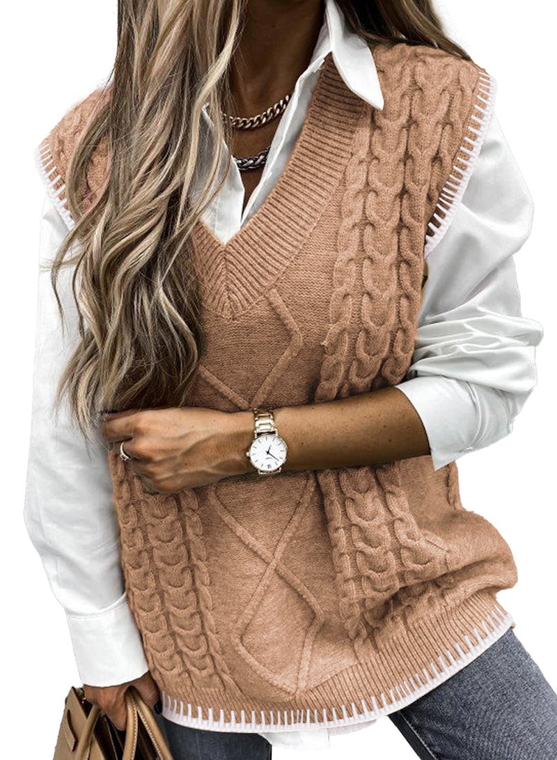 EVALESS Sweater Vest Women Oversized Fashion V Neck Sleeveless Cable Knit Sweaters Casual Color Block Sweater Tank Top Khaki X-Large - Image 1